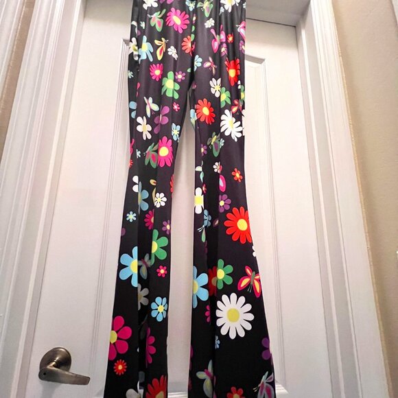 Heart Raves Daisy-Butterflies-60's Hippie Floral Flare leg Stretch Women's Pants - Picture 3 of 10